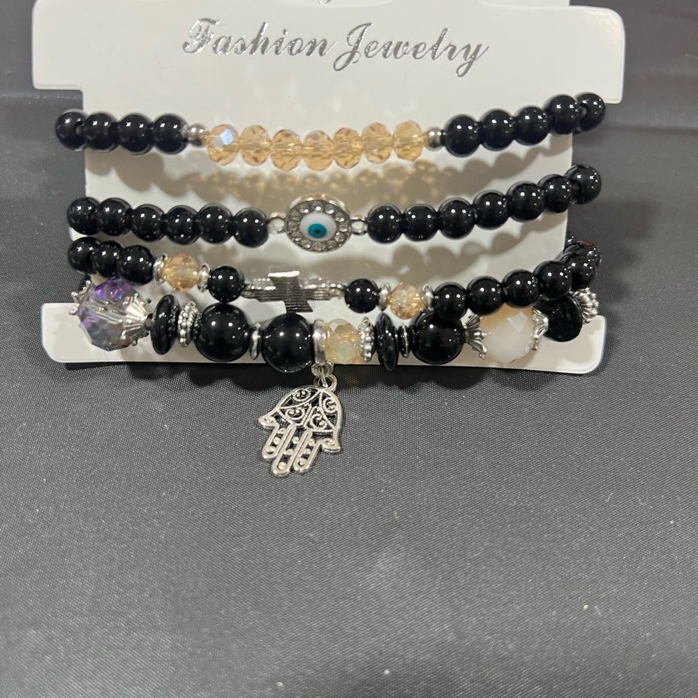 Black and Silver Beaded Bracelet Set